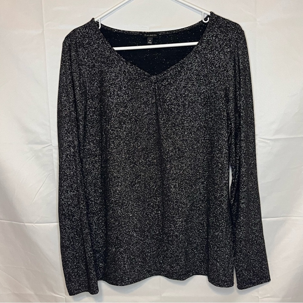 Talbots, Long Sleeve Black and Sliver, V-Neck, Long Sleeve, Blouse, Size Medium